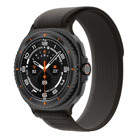 Breathable Nylon Trail Loop Band for Galaxy Watch 9 and Galaxy Watch 9 and Watch 8 & Classic on smartwatch displaying sporty features.