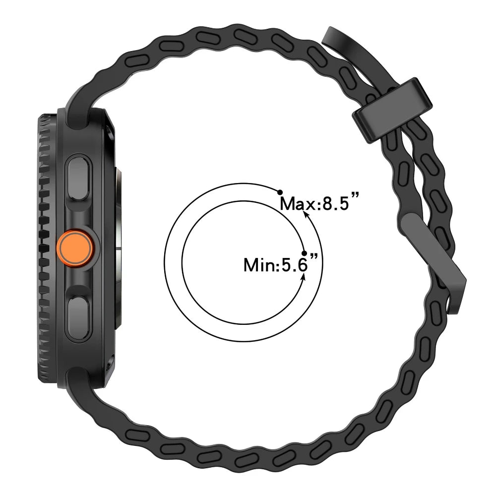 Silicone Breathable Sport Band for Samsung Galaxy Watch 8/Classic 46mm showing size range from 5.6 to 8.5 inches.