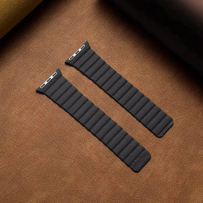 Adjustable leather Apple watch band with two-way magnetic closure for a comfortable and secure fit.