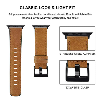 Classic retro leather Apple Watch strap with stainless steel adapter and exquisite clasp for secure fit.