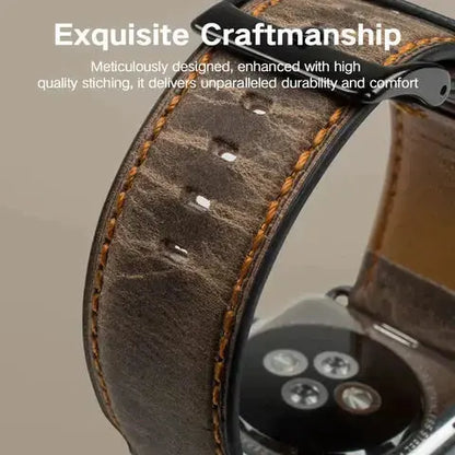 Retro leather Apple Watch strap showcasing exquisite craftsmanship with quality stitching for durability and comfort.