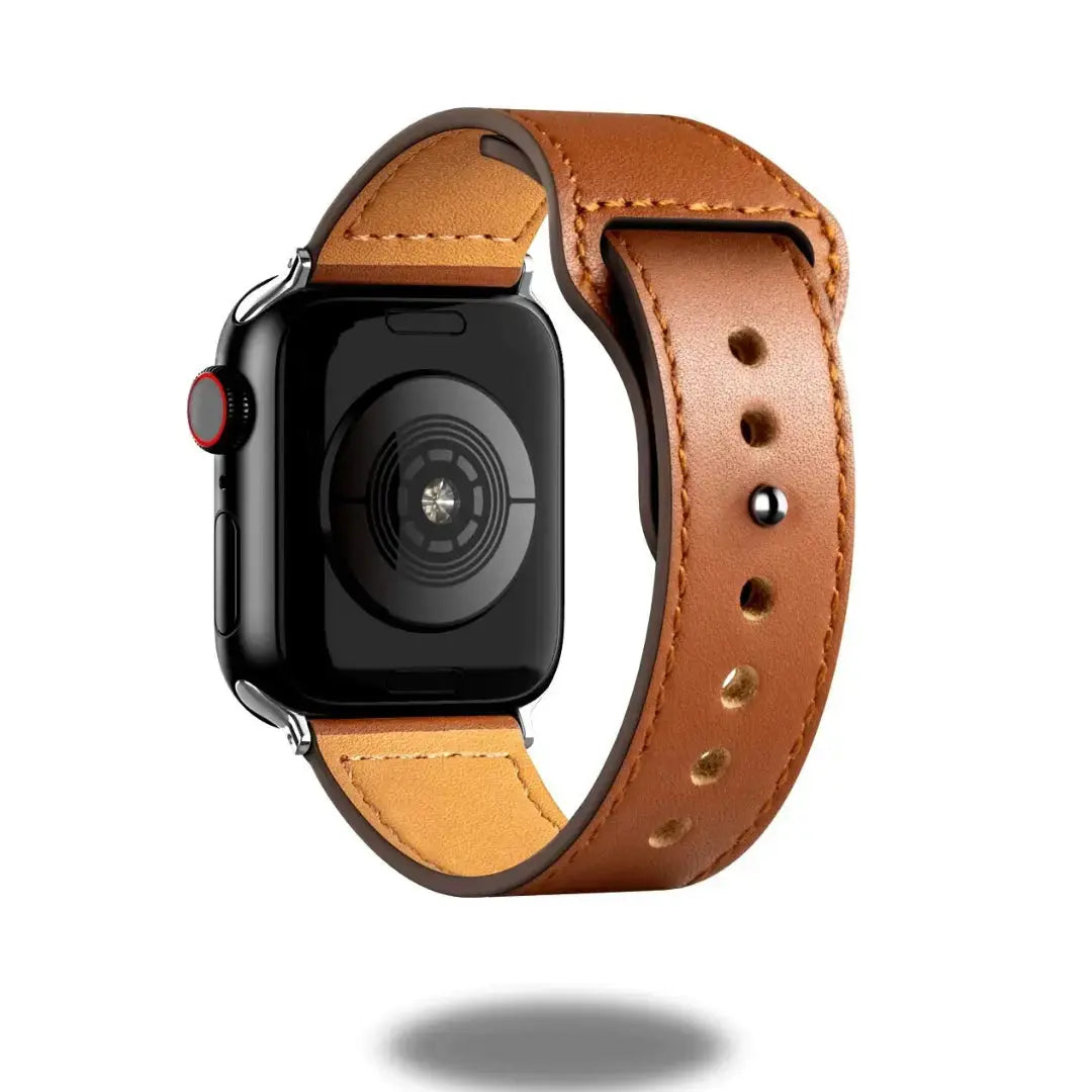 Brown stylish leather strap for Apple Watch, elegant design, comfortable and durable, perfect for any occasion.