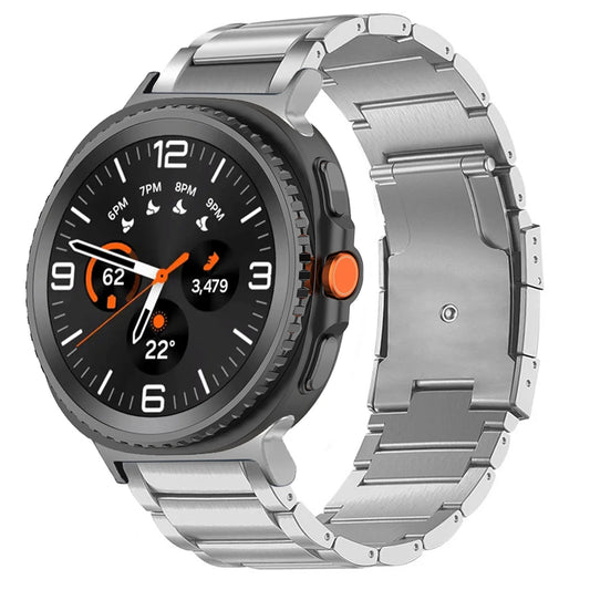 Business Titanium Band for Galaxy Watch 8 & Ultra 47mm displayed on a smartwatch with black face and silver link bracelet.