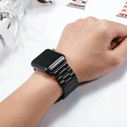 Classic stainless steel strap shown on wrist, stylish and comfortable for any occasion, not for sports.