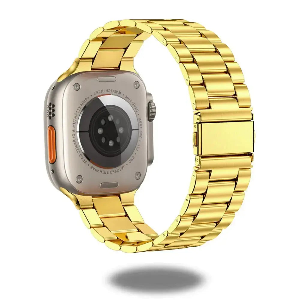 Classic gold stainless steel band for Apple Watch, luxury design with premium craftsmanship, stylish and comfortable fit.