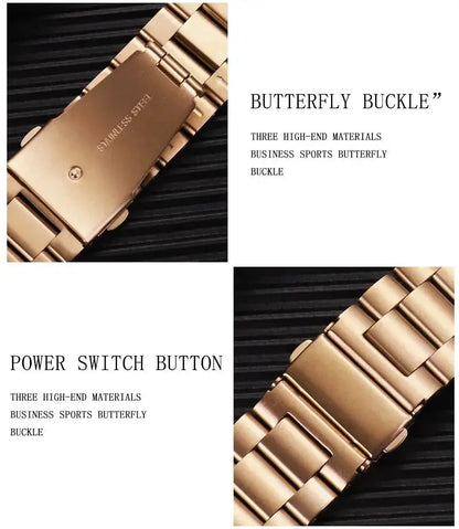 Classic stainless steel band featuring butterfly buckle and power switch button for luxury style and comfort.