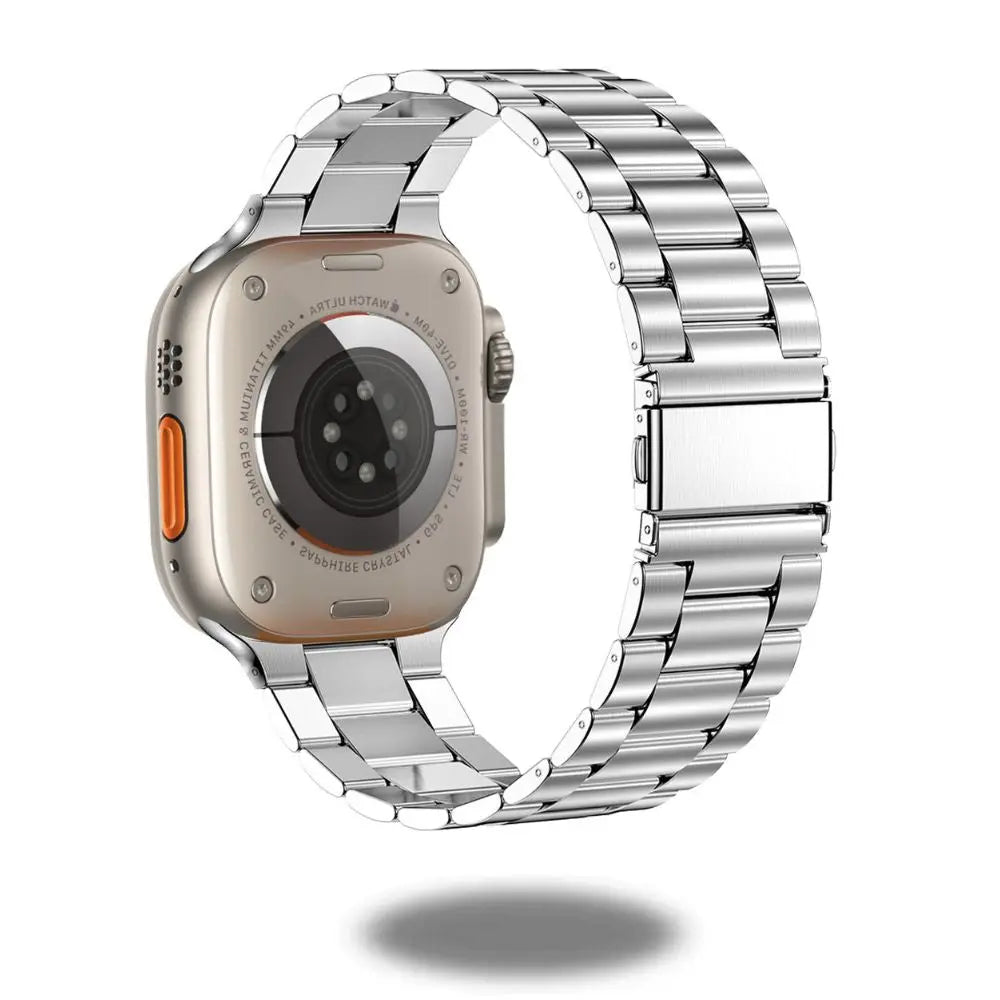 Classic stainless steel band for smartwatches, featuring a premium design and double button for secure wear.