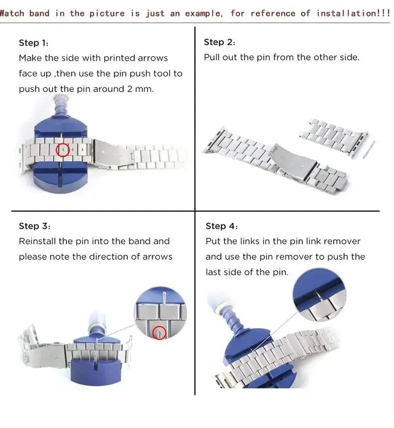 Installation guide for classic stainless steel watch band, showing step-by-step instructions and tools for easy adjustment.