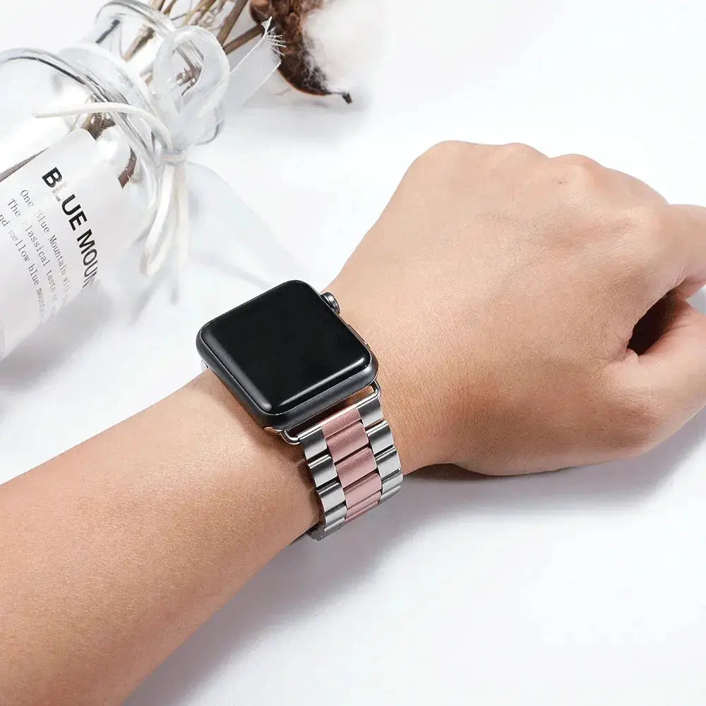 Classic stainless steel strap on a wrist with stylish design, perfect for office and parties.