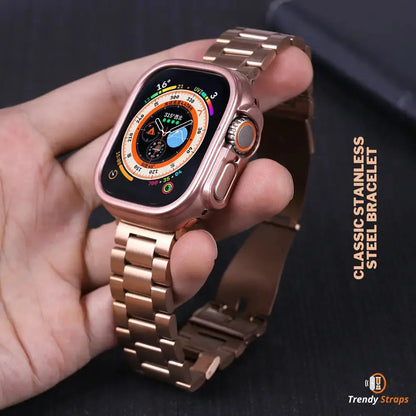 Classic stainless steel strap bracelet worn on a wrist showcasing luxury design and comfort for special occasions.