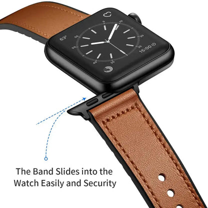 Classy leather and silicone hybrid watch band sliding securely into place on a stylish smartwatch.
