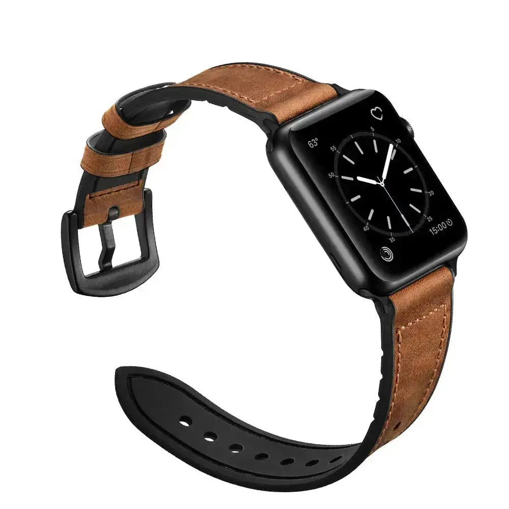 Classy leather and silicone hybrid watch band, comfortable and sweatproof, perfect for everyday wear.