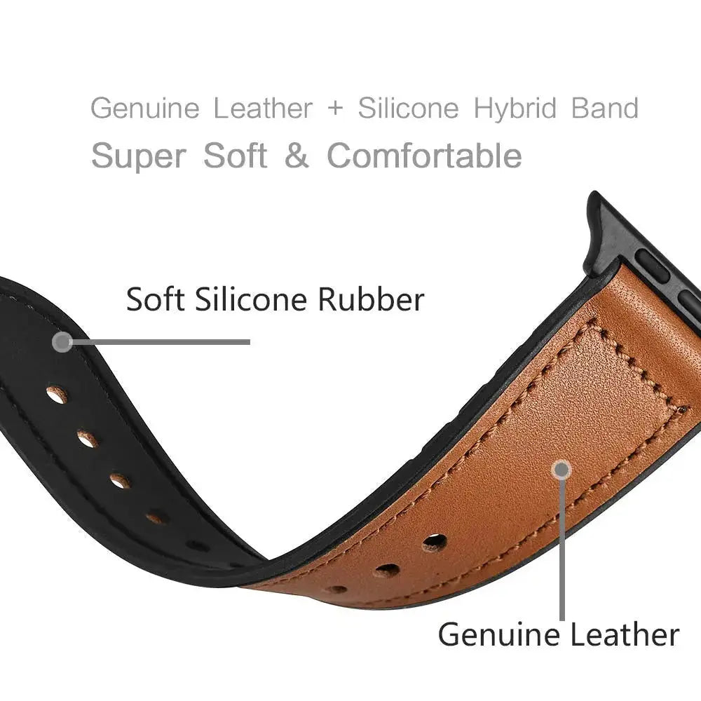Classy leather and silicone hybrid watch band showcasing genuine leather and soft silicone rubber for comfort.
