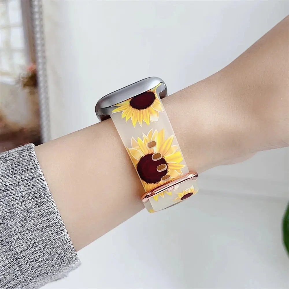Clear Silicone Apple Watch Band with sunflower design, showcasing a flexible fit and stylish charm.