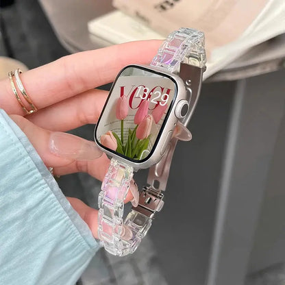Clear Slim Acrylic Apple Watch Bracelet with transparent design, stylishly worn on wrist, perfect for modern outfits.