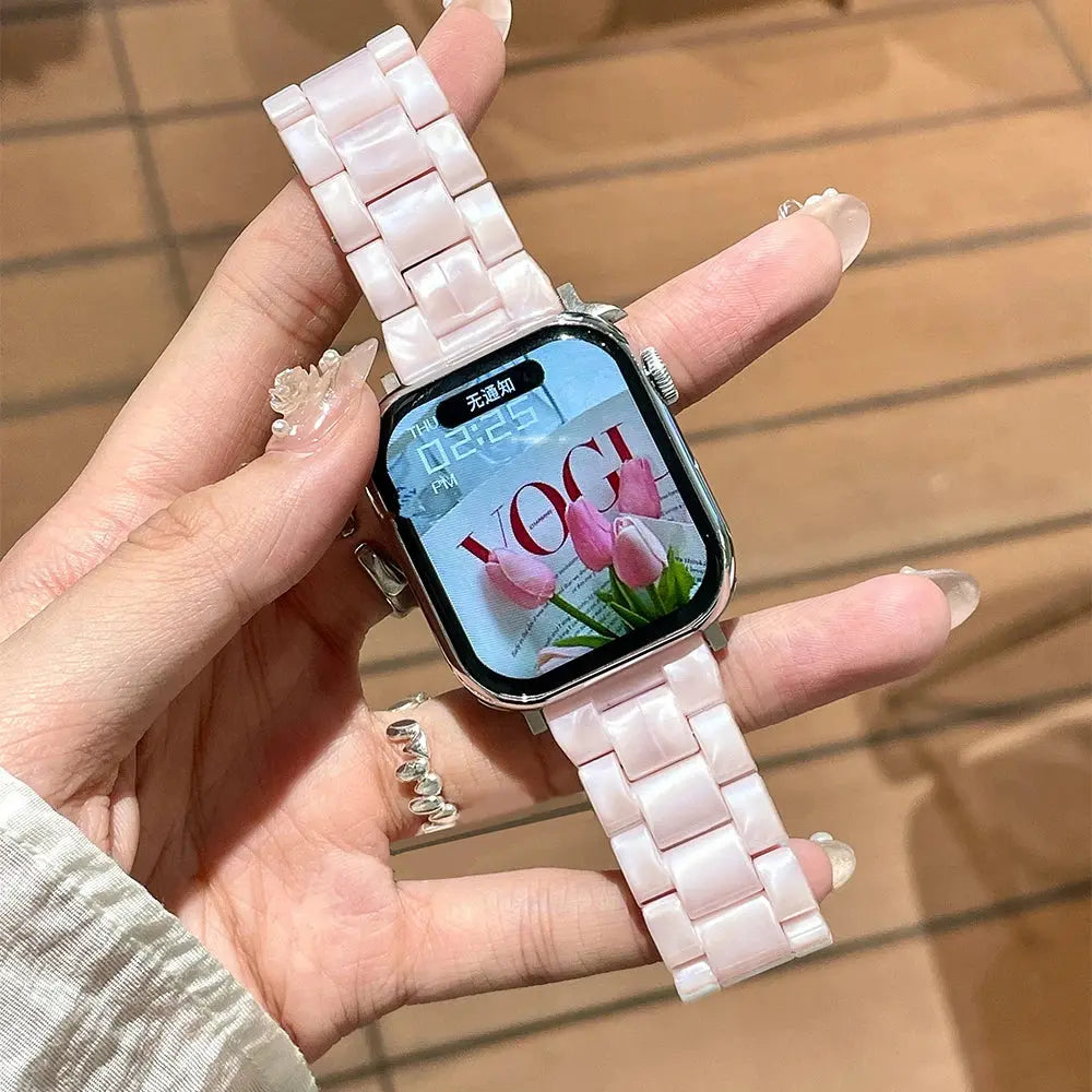 Clear Slim Acrylic Apple Watch Bracelet on hand, showcasing its sleek design and modern aesthetic.
