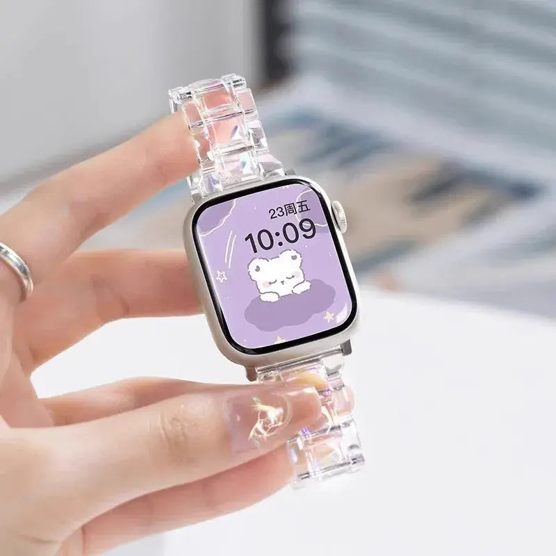 Clear Slim Acrylic Apple Watch Bracelet with folding clasp, showcasing a modern design and transparent look.