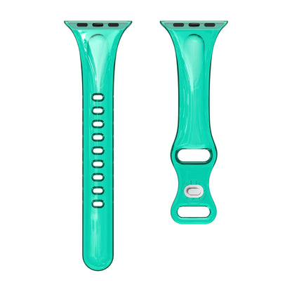 Clear slim silicone sport band for Apple Watch in turquoise color, lightweight and comfortable for daily wear and workouts.