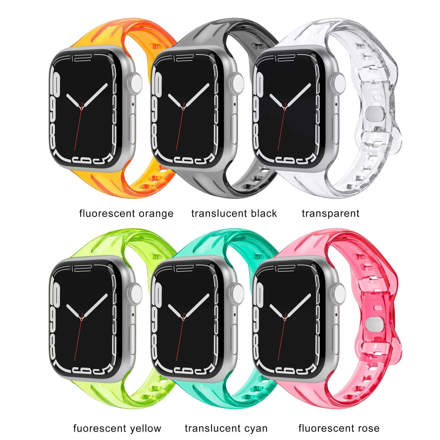 Clear Sport Band for Apple Watch in multiple colors: orange, black, transparent, yellow, cyan, and rose.