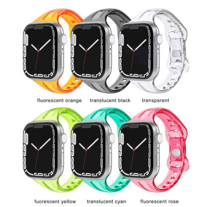 Clear Sport Band for Apple Watch in multiple colors: orange, black, transparent, yellow, cyan, and rose.