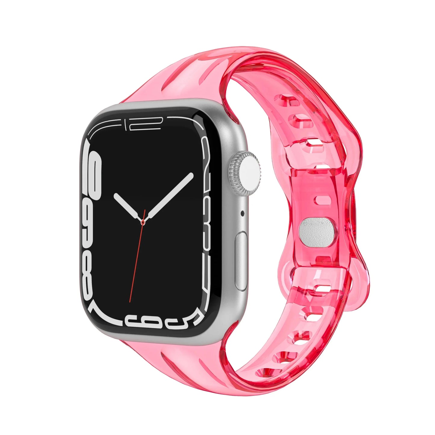 Clear Slim Silicone Sport Band for Apple Watch in pink, offering a lightweight and comfortable design for everyday wear.