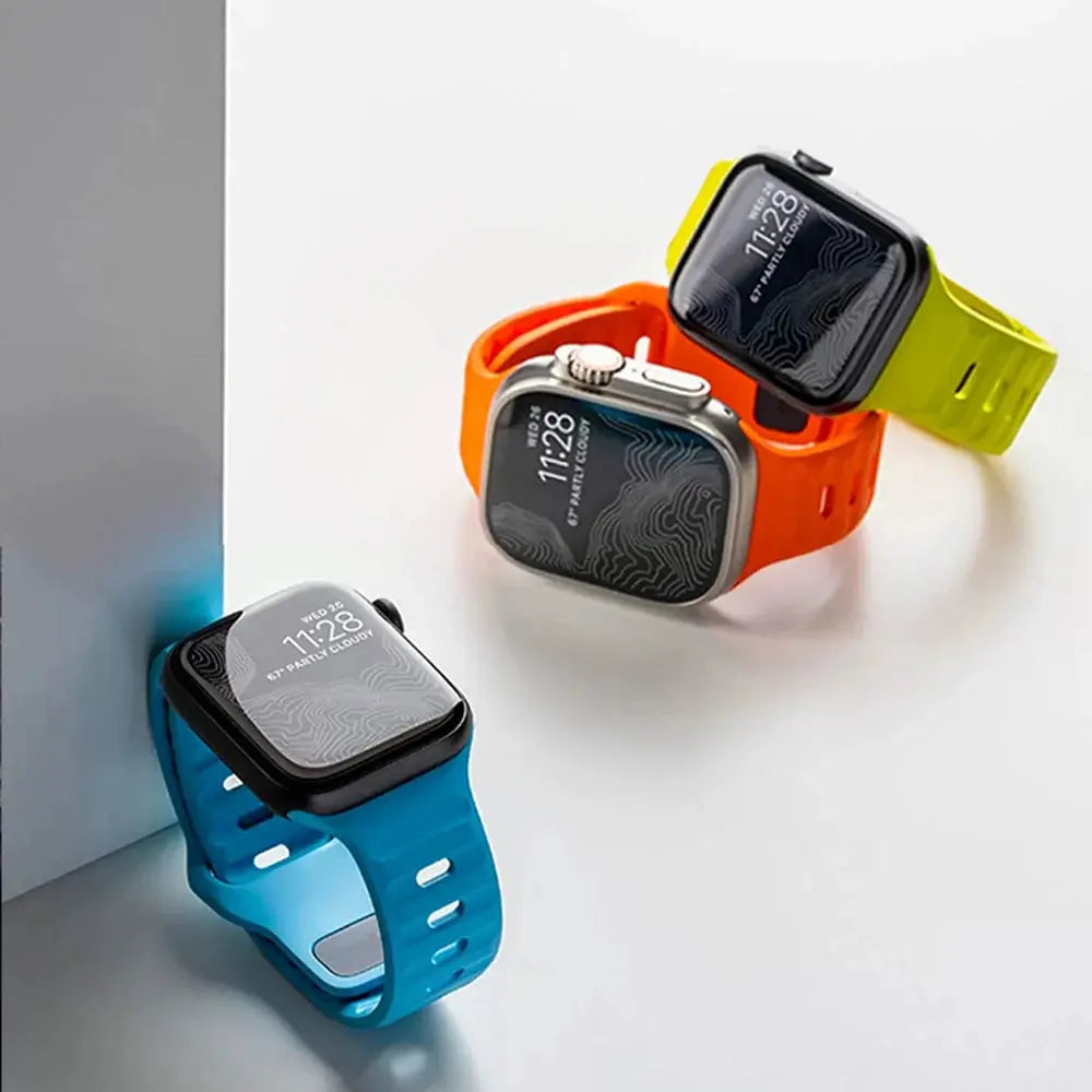 Rugged silicon sports bands for Apple Watch in blue, orange, and yellow showcasing strength and adventure.