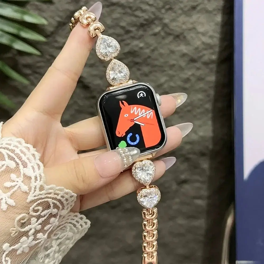 Contessa Slim Diamond Apple Watch Band for Women – Elegant Bracelet on a hand displaying a smartwatch with a colorful design.