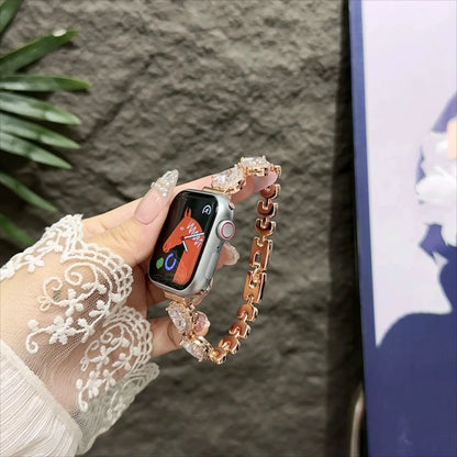 Contessa Slim Diamond Apple Watch Band for Women – Elegant Bracelet shown on a hand with a smartwatch face.