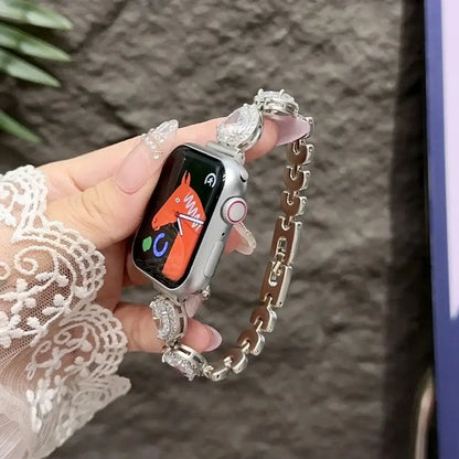 Contessa Slim Diamond Apple Watch Band for Women – Elegant Bracelet worn on wrist with elegant outfit and watch face visible.