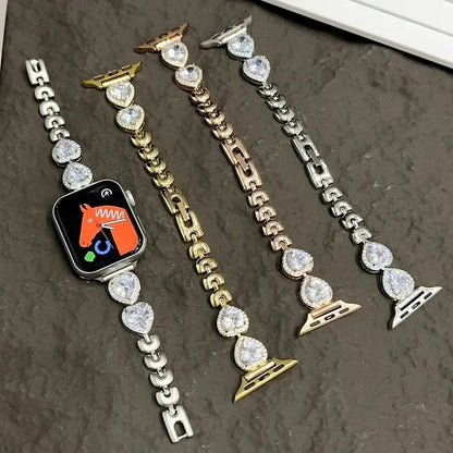 Contessa Slim Diamond Apple Watch Band for Women – Elegant Bracelet showcasing four different styles on a textured surface.