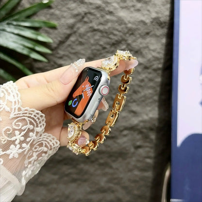 Woman wearing Contessa Slim Diamond Apple Watch Band for Women – Elegant Bracelet, showcasing luxury and style.