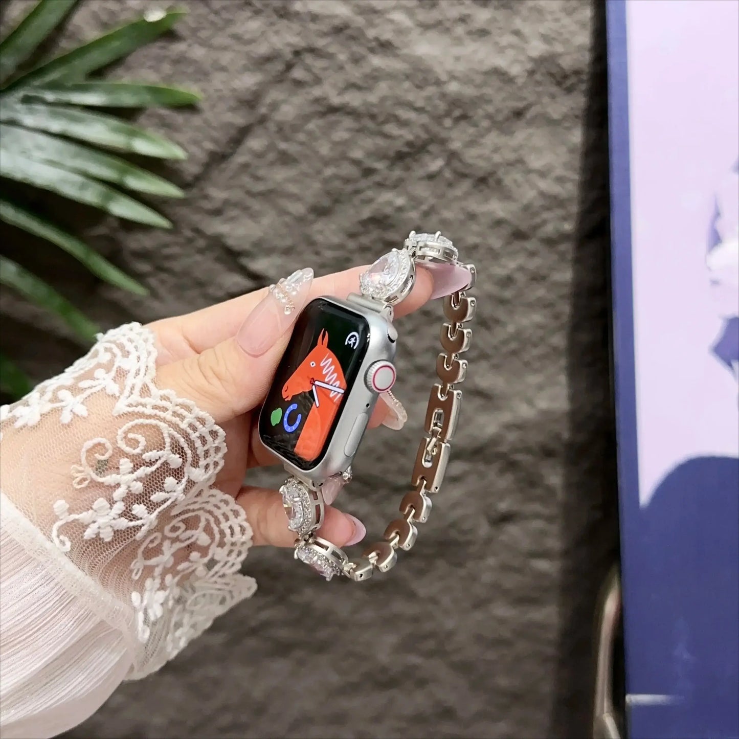 Contessa Slim Diamond Apple Watch Band for Women – Elegant Bracelet worn on a wrist, showcasing its luxury and style.