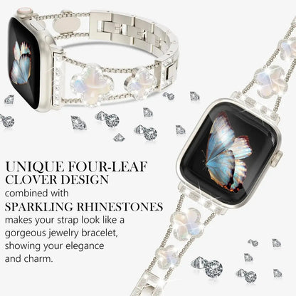 Gorgeous four-leaf clover bracelet for Apple Watch with sparkling rhinestones showcasing elegance and charm.