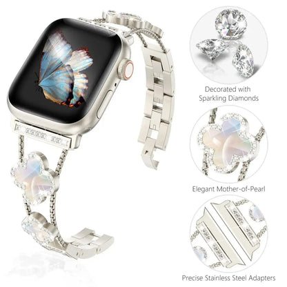 Cristina bracelet for Apple Watch featuring sparkling diamonds, elegant mother-of-pearl, and adjustable stainless steel design.