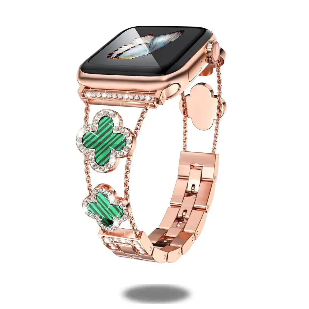 Cristina Bracelet for Apple Watch with elegant four-leaf clover design and sparkling rhinestones, adjustable fit.