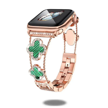 Cristina Bracelet for Apple Watch with elegant four-leaf clover design and sparkling rhinestones, adjustable fit.