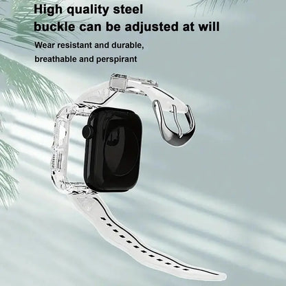 Crystal clear Apple Watch strap with adjustable steel buckle, wear-resistant and breathable design for comfort.