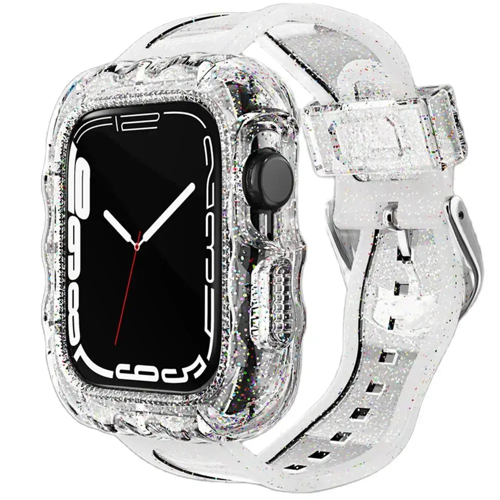 Crystal Clear Glittery Silicone Apple Watch Strap and Case with a transparent design and sparkling finish
