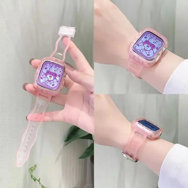 Crystal Clear pink Apple Watch strap and case with glitter, showcasing comfortable fit and stylish design.