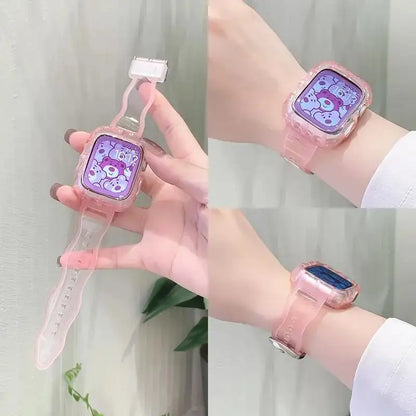 Crystal Clear pink Apple Watch strap and case with glitter, showcasing comfortable fit and stylish design.