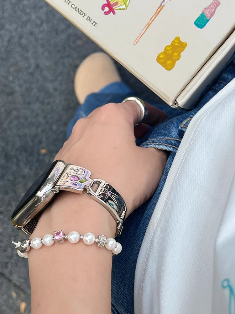 Cute Cat Jewelry Apple Watch Band – Glossy Metal Bracelet