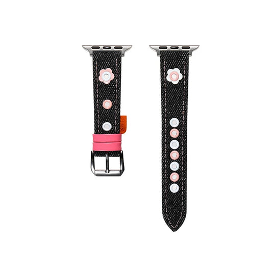 Cute Denim & Leather Apple Watch Band for Women (38–49mm) with colorful studs and glossy keeper.