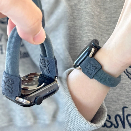 Cute Dog Elastic Apple Watch Band for Women – 38–49mm in use, featuring a playful embroidered dog design.
