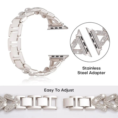 Dizza jewelry bracelet for Apple Watch showing stainless steel adapter and adjustable design with rhinestones.