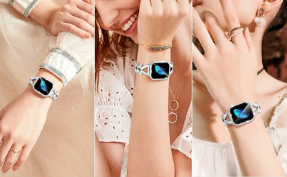 Dizza Jewelry Bracelet for Apple Watch with rhinestones, showcasing elegant designs on various wrist styles.