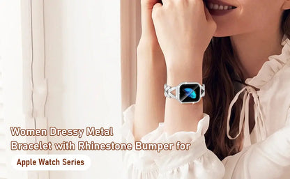 Stylish Dizza jewelry bracelet for Apple Watch, featuring rhinestones and a dressy metal design, perfect for any occasion.