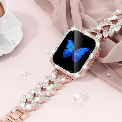Dizza Jewelry Bracelet for Apple Watch with rhinestones on a pink background, featuring a butterfly watch face.