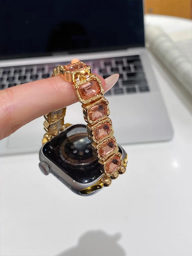 Elegant Elastic Diamond Bracelet Band for Apple Watch, featuring multicolor gemstone design for women.