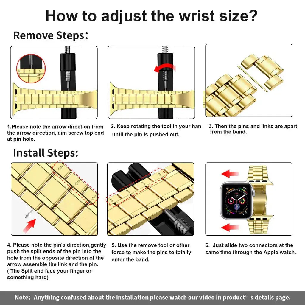 Step-by-step guide for adjusting the wrist size of a modern stainless steel Apple Watch band.