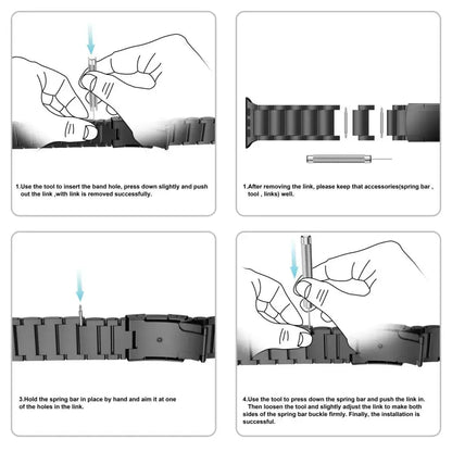 Instructions for installing the titanium link bracelet on an Apple Watch, showcasing the assembly process step-by-step.